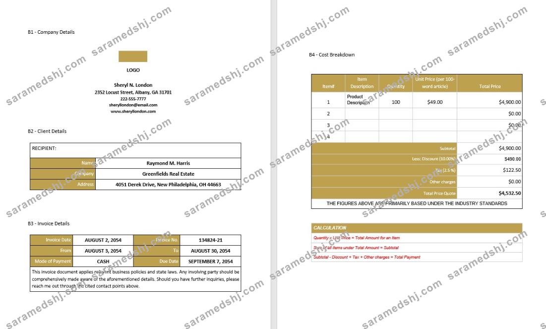 Professional Freelance Writer Invoice Template